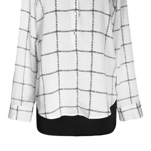 Express Women's Blouse White Black Plaid V-Neck Half Button Down Keyhole Top M - Picture 7 of 11